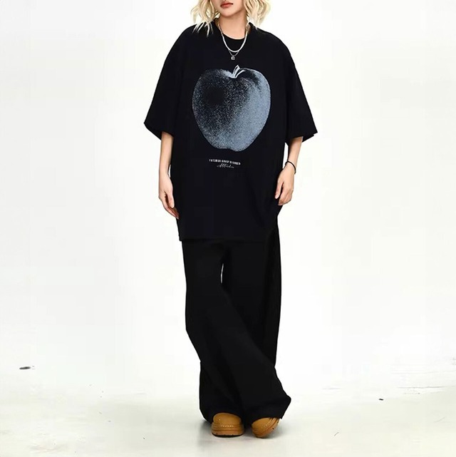 グラデーションアップルプリントルーズラインTシャツ 2col   R02149