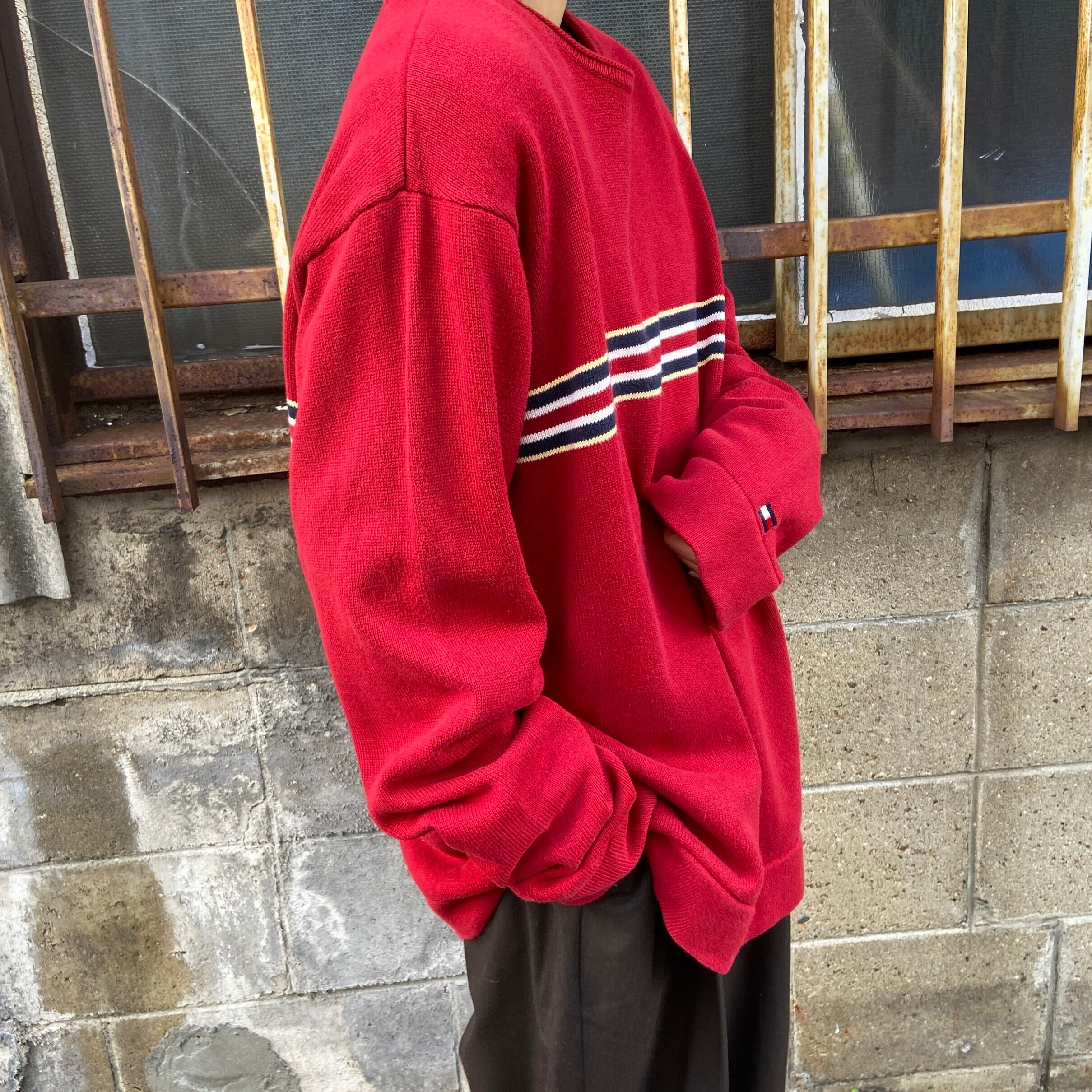 Tommy Hilfiger トミーヒルフィガー ボーダー コットンニットセーター メンズl 古着 赤 ニットセーター Cave 古着屋 公式 古着通販サイト