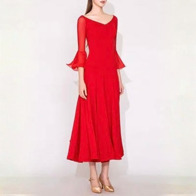 シアーメッシュスリーブ ベルフレア ロング ダンスドレス 2col D00626