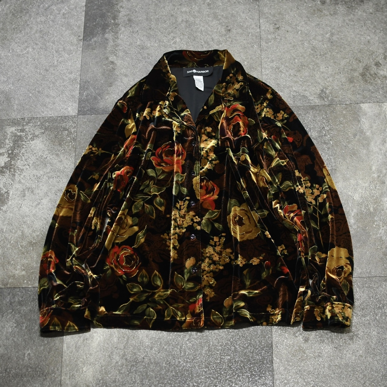SAG HARBOR flower pattern velour open collar shirt