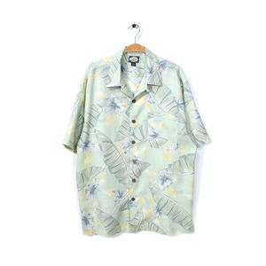 トミーバハマ リネン素材 アロハシャツ 花柄 薄黄緑 ハワイアン 開襟 オープンカラー Tommy Bahama メンズM 古着 @CD0010