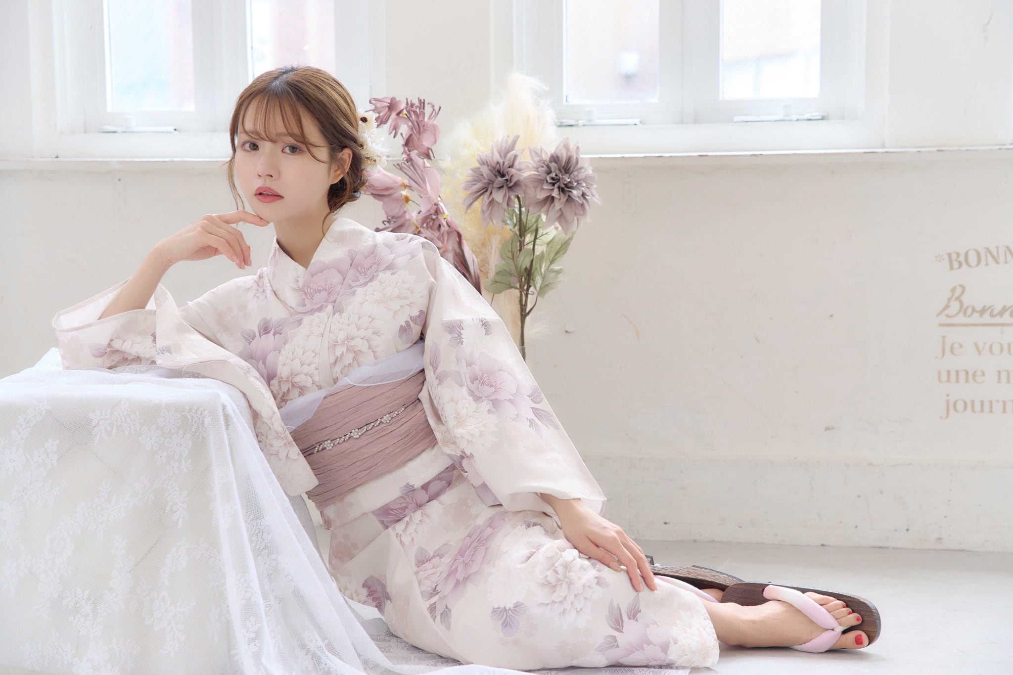 浴衣4点セットはんなり花乙女（薄ベージュ）Y4-49 | ANDESIR