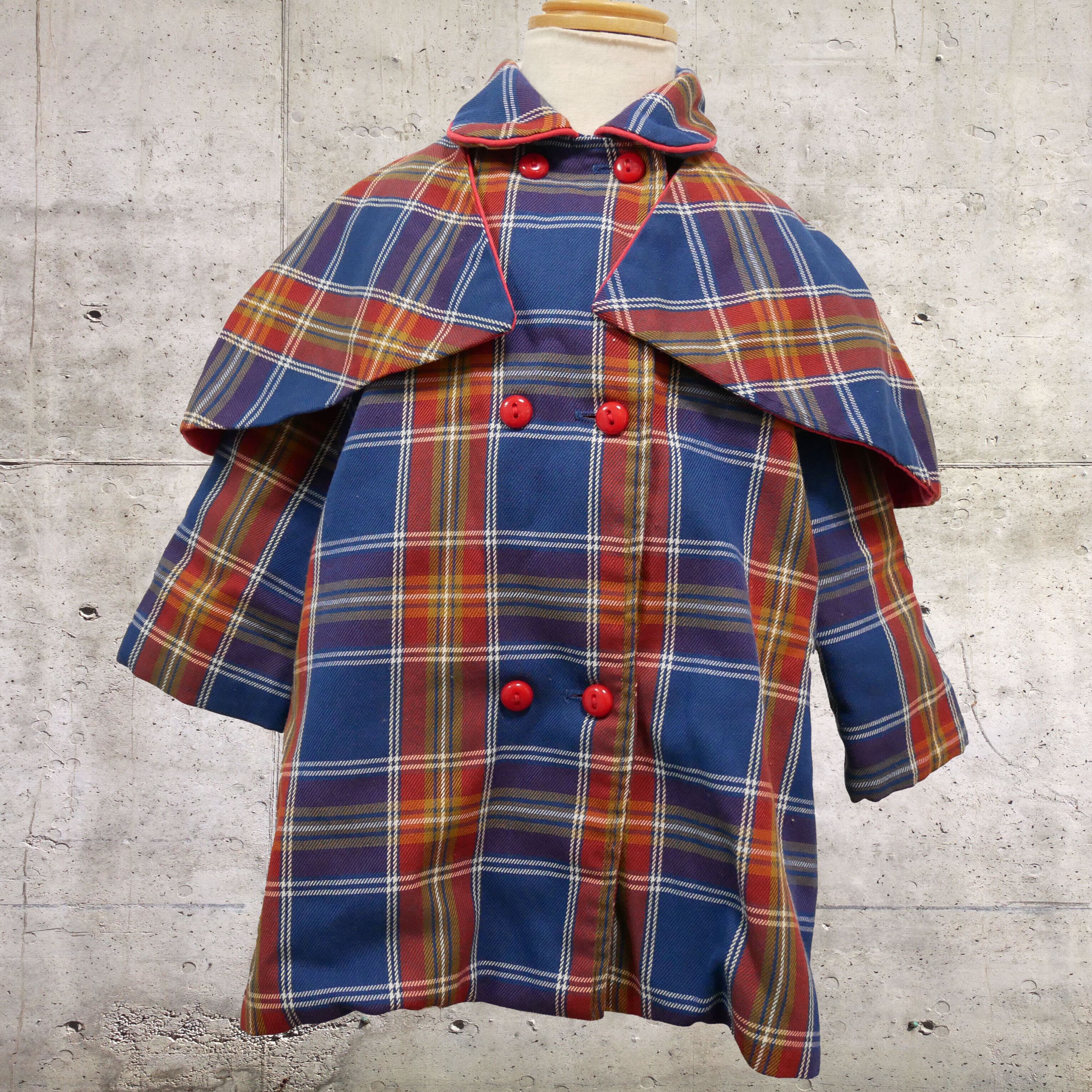【kids】Vintage Toddler Baby Coat Jacket Matching Hat Plaid Christmas Holiday  2T 18-24【ヴィンテージ キッズ チェック柄 ジャケット コート マント 帽子付き】