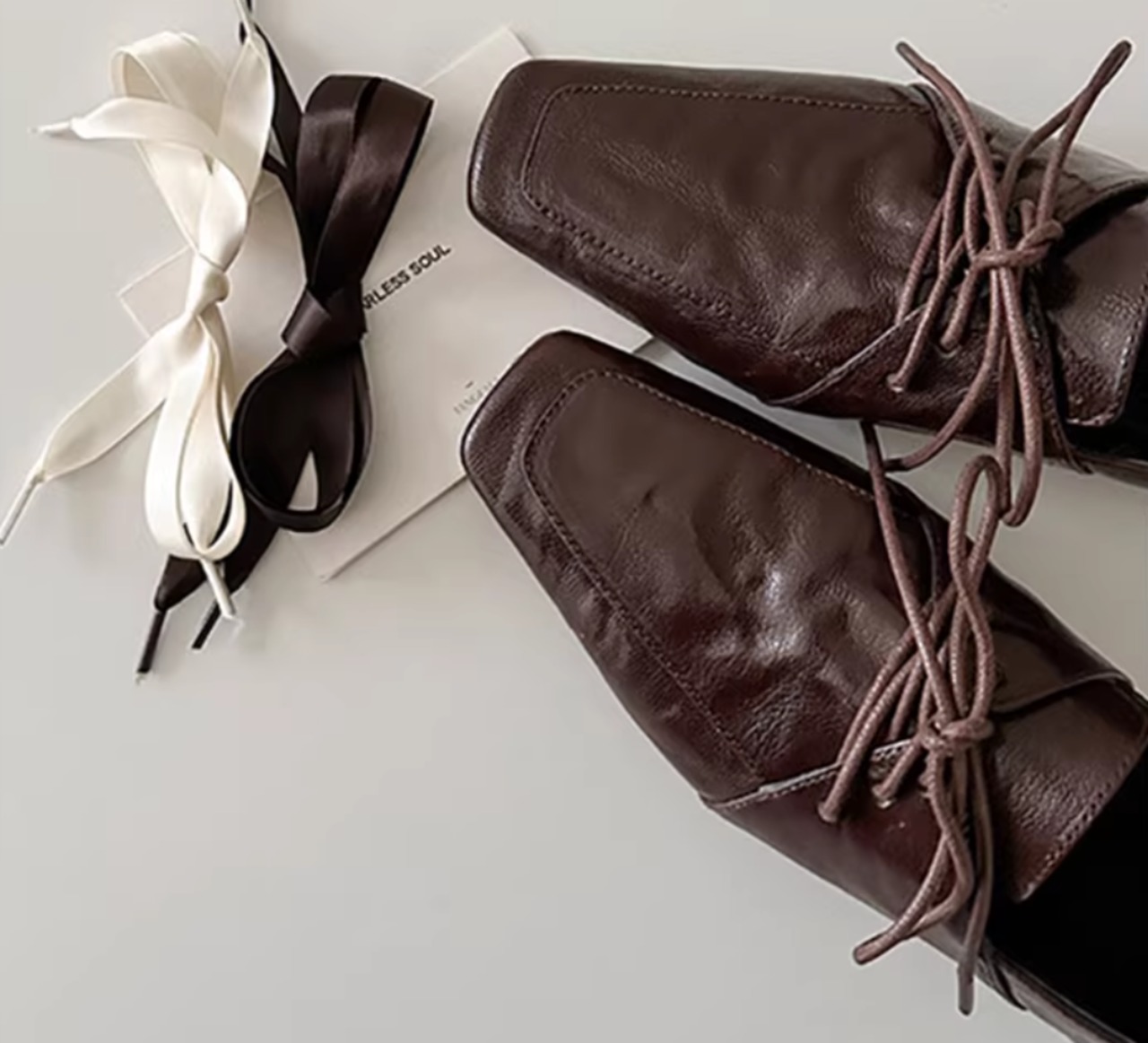 牛革スクエアローファーリボン付きバレエシューズ