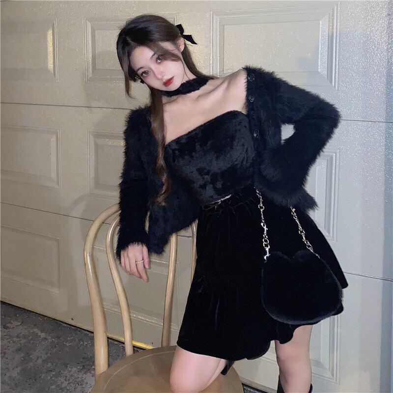 セーター Vネックショートブラックカーディガンジャケット オータムウィンターニットトップス 秋物 冬物 ブラックストロベリース65559748755