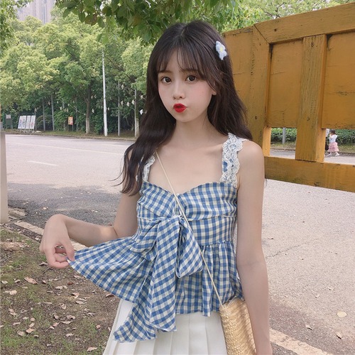 ✞ トップス レースリボンチェック柄ショートキャミソール ステッチ ✞ゴスロリ SM ミリ 甘ロリ クラロリ 和ロリ エレガント 黒ロリ 姫ロリ 華ロリ BB-BB3395349