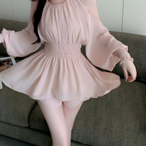 【2点セット】シャーリングフレアシフォントップス+ショートパンツ ・78503