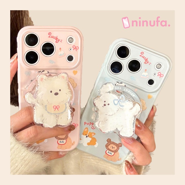 【MagSafeにも対応】子犬たちに癒されたい◎かわいい 韓国ケース マグネット スマホグリップ ワンちゃん スマホケース ND-16566 【iPhone17〜12まで対応 】