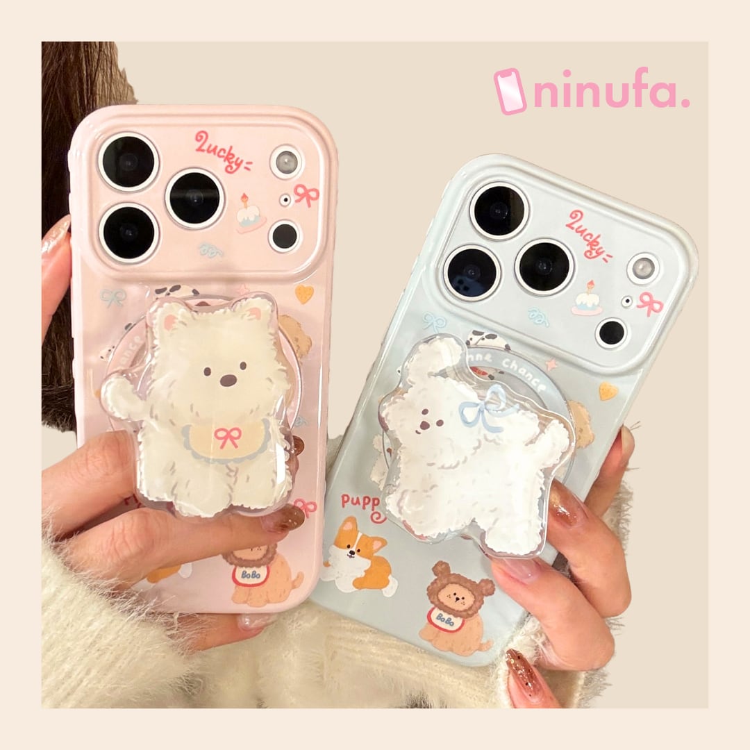 【MagSafeにも対応】子犬たちに癒されたい◎かわいい 韓国ケース マグネット スマホグリップ ワンちゃん スマホケース ND-16566 【iPhone17〜12まで対応 】