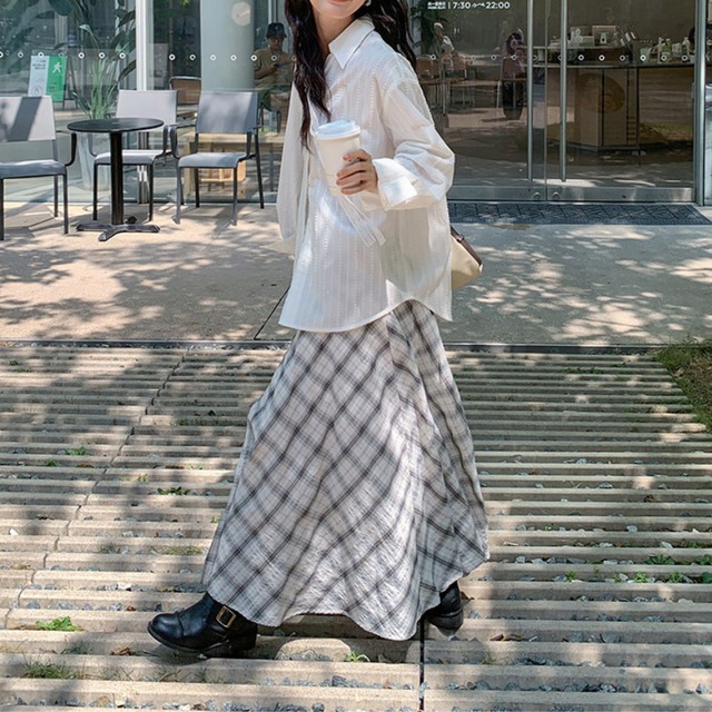 check panel long skirt　J00501