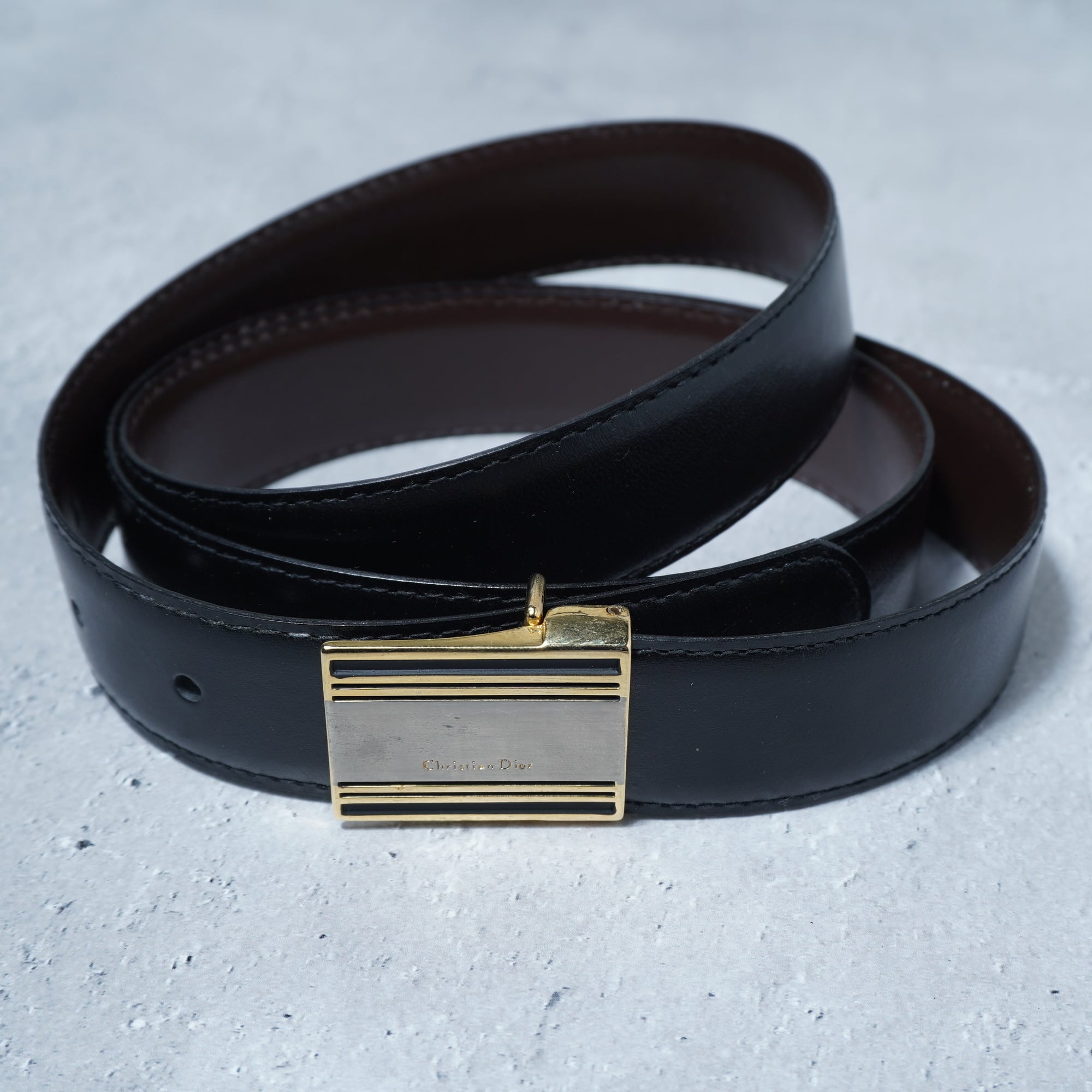 Dior 黒レザーベルト ゴールドバックル Christian Dior】クリスチャンディオール ロゴゴールドバックルレザー