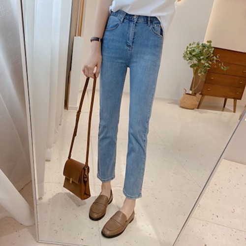 【3日以内出荷】脚長効果！スキニーデニムパンツ 韓国ファッション レディース ミニストレートダウン感ハイウエストゆったりスリムシガレットパンツストレッチ 2024新型