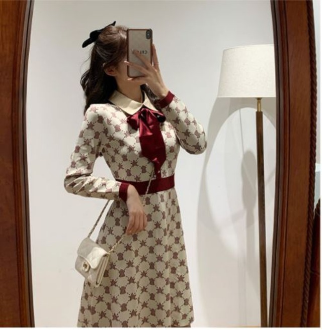 上品 リボン付き レトロ冬ワンピ Loner Select 韓国ファッション 海外ファッション セクシーコーデ ギャル服