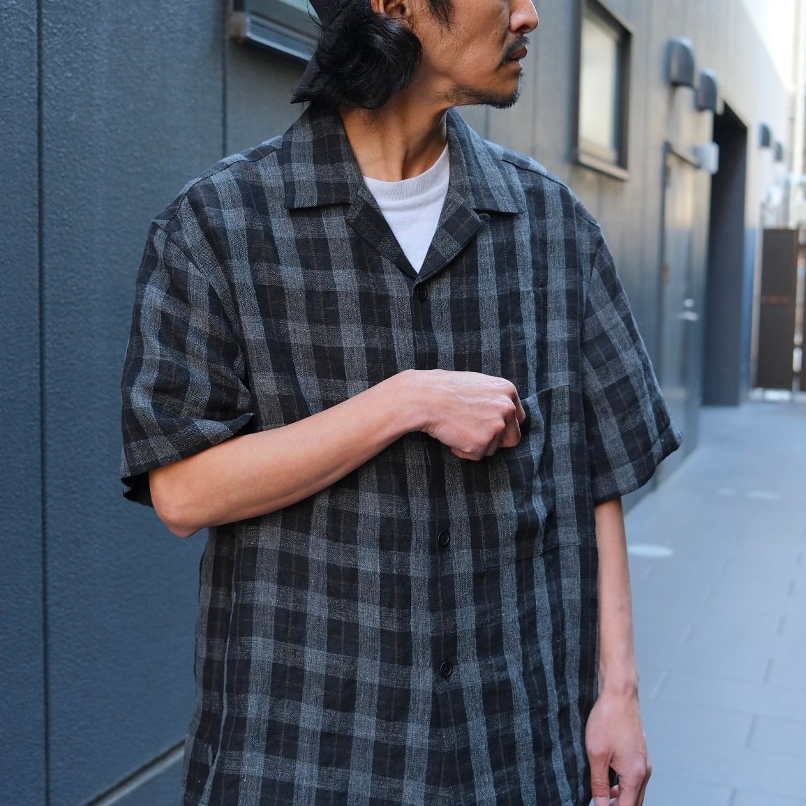 EVAN KINORI(エヴァン キノリ) / Short Sleeve Shirt Yarn Dye Linen Check-Charcoal/Brown/Black-