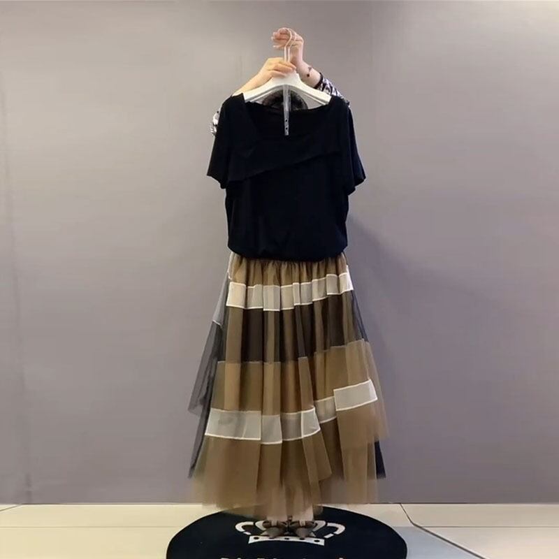 サマースタイル薄手カラー半袖スリーブTシャツ メッシュスカート ハーフスリーブ 大きめサイズ 夏物 スクウェア ミックスインファッション54858193166