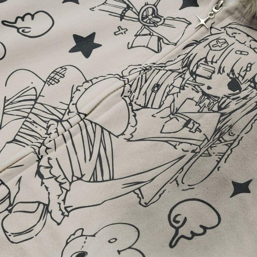 パンク 地雷系 うさ耳パーカー スウェット イラスト風 プリント