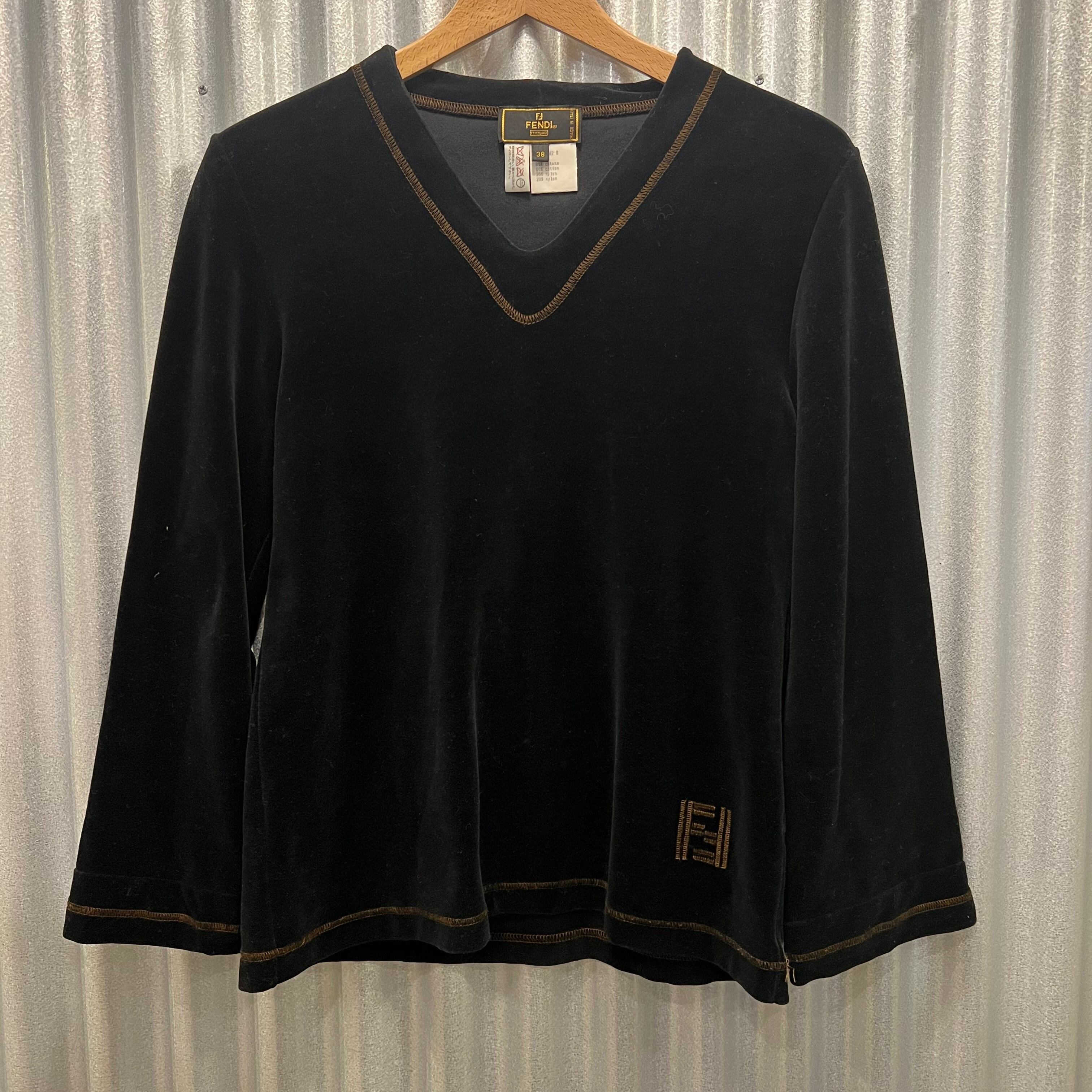 FENDI jeans vintage long sleeves tops(フェンディ ジーンズ) ヴィンテージ 長袖トップス Vネックカットソー  ベロア黒/1220526 | number12 powered by BASE