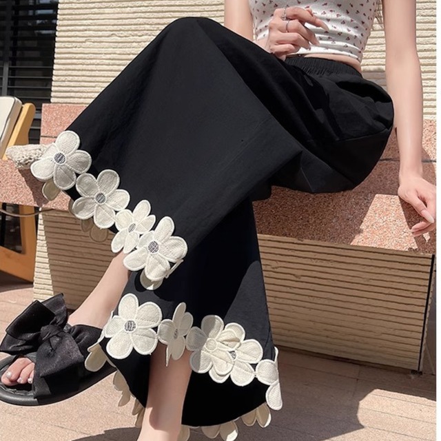 フラワー デザイン ヘム ワイド パンツ_H107