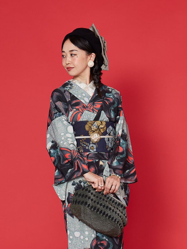 ジャガード織 ポリエステル名古屋帯 ネイビーフラワー柄 | 重宗玉緒