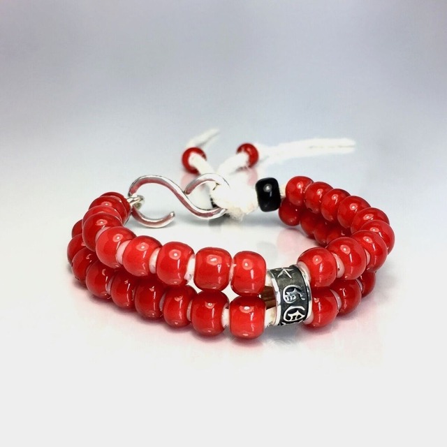 WHITE HEART BEADS [RED] LEATHER BRACELET / レザーブレスレット ホワイトハート・レッド