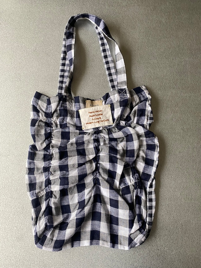 Shirring tote bag "blue check" khadi cotton