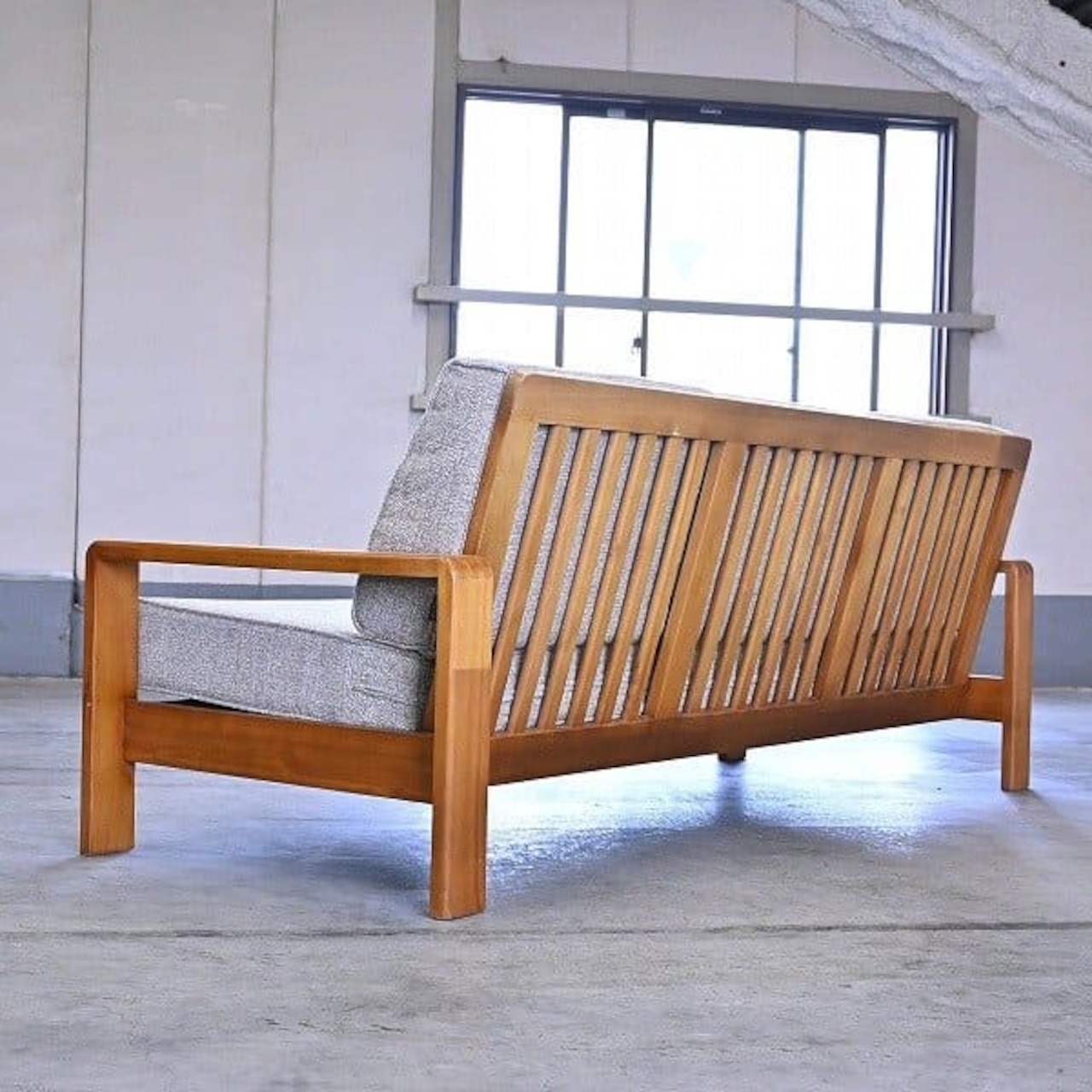 SCANTEAK 21万「IKON」3人掛けソファ チーク無垢材 ファブリック トリプルソファ 3P 格子 北欧スタイル スキャンティーク【中古家具/中古インテリア/USED家具ユーズド家具/リサイクル】