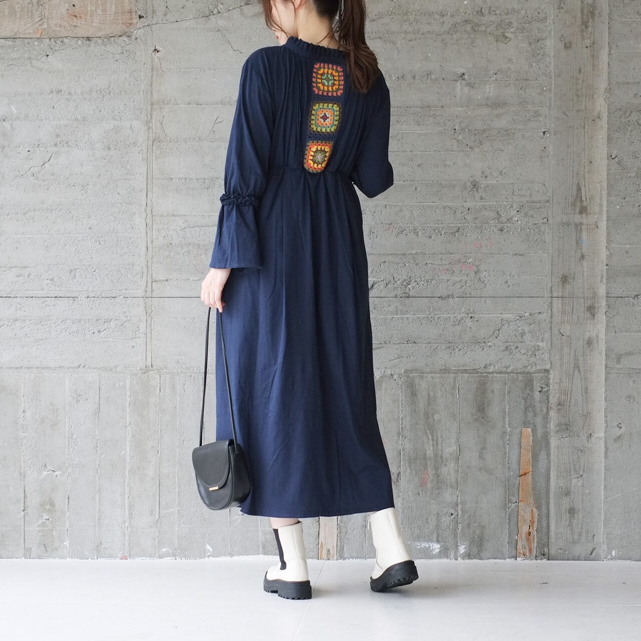 【再販】フラワークロシェ長袖ワンピース(20w-014)ネイビー