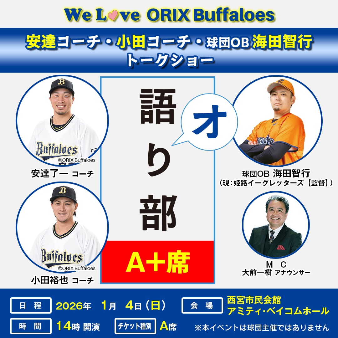 【一回使用】オリックス・バファローズ小田裕也コーチ90 復刻ブルーウェーブユニＯ S席】オリックス・バファローズ 安達了一コーチ・小田裕也コーチ 球団