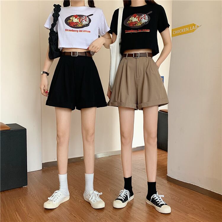 送料無料 着回し抜群 双子コーデに ベルト付 シンプル ショートパンツ カジュアルコーデ ボトムス Lamitte Deco トレンド 韓国ファッション ショップ Base店