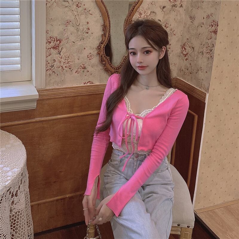 ショートレースアップ長袖ニットセータートップレディース2020秋新作スタイルスモールセーターオープンkスリムカーディガンジャケット ブラックストロベリース9125549304