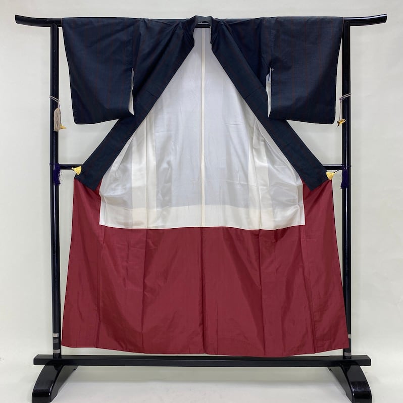 大島紬 十字絣 紺 袷 お洒落着 普段着 正絹 裄62.5cm 身丈157cm 美品 B