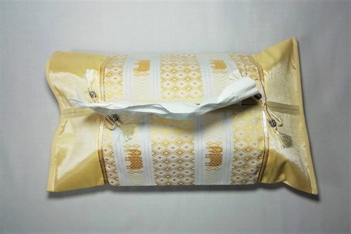 (OT005-10)布製タイ風ティッシュカバー　クリームイエロー 象＆タイ柄（光沢感あり）