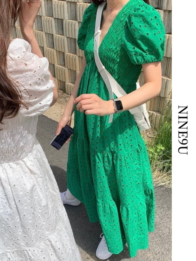 punching flower puff-sleeve long-one-piece 4color【NINE7869】