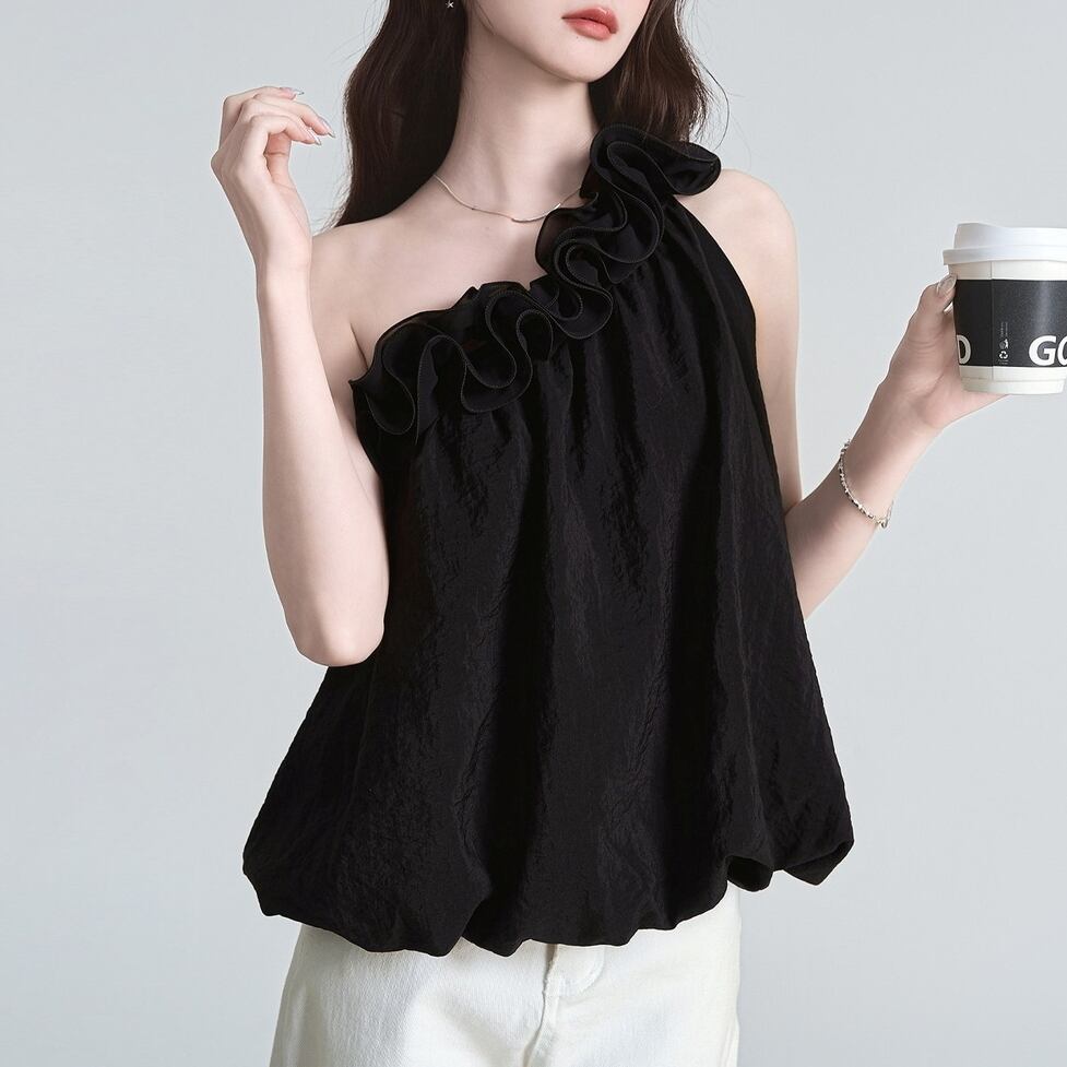 one shoulder ruffle tops / l0600