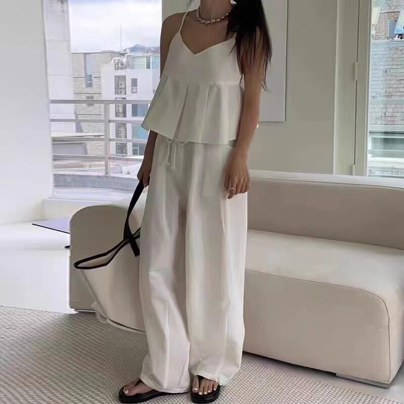 pleated camisole + casual high waist loose wide leg pants W00328