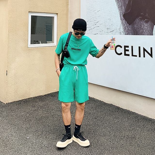 【予約販売】メンズ セットアップ 上下 Tシャツ 半袖 ハーフパンツ ストリート グリーン 部屋着 ジム スポーツウエア カジュアル 春 夏 大きいサイズ S/M/L/XL