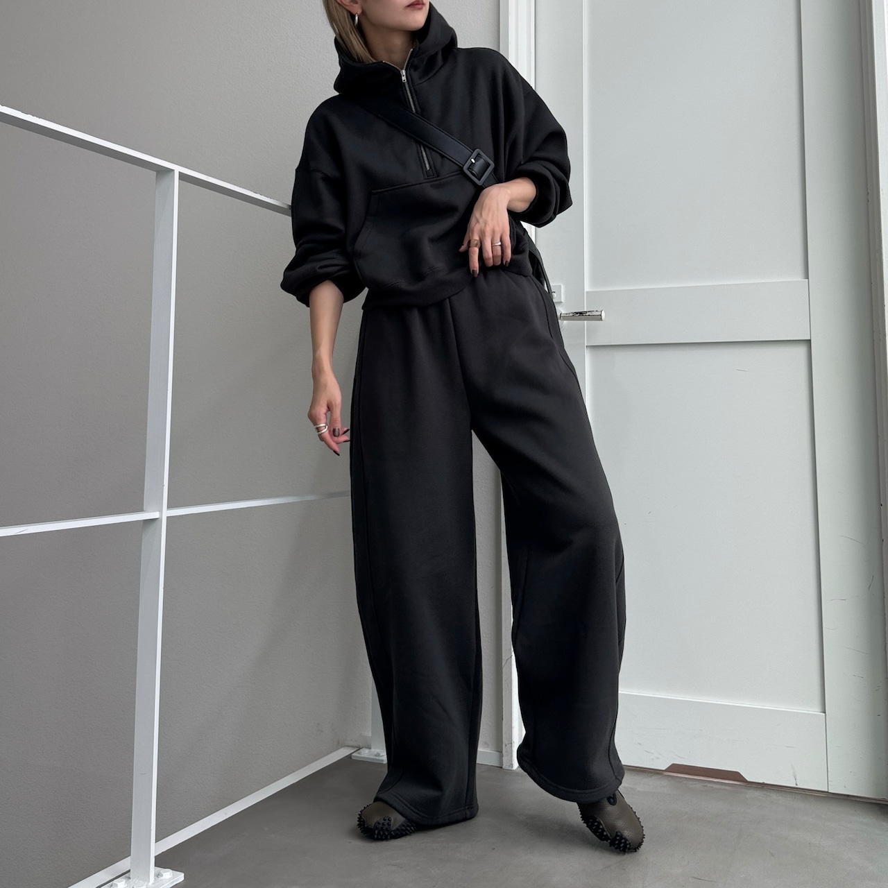 裏起毛ハーフZIPショート丈PK/チャコール