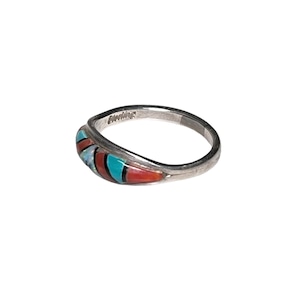 zuni silver opal & coral & turquoise inlay ring