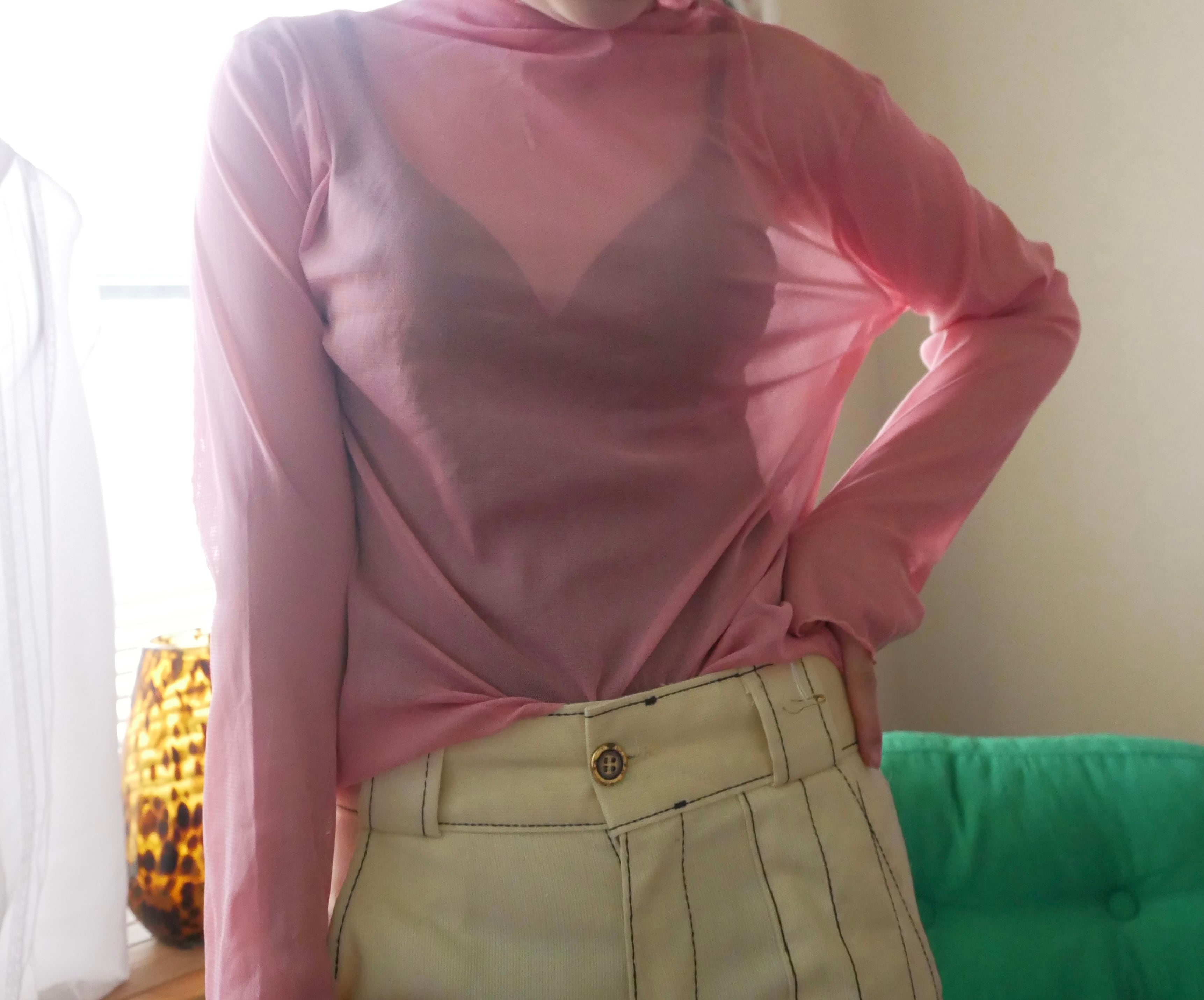 00s Vintage Sheer Mesh Mock Neck - Dusty Pink