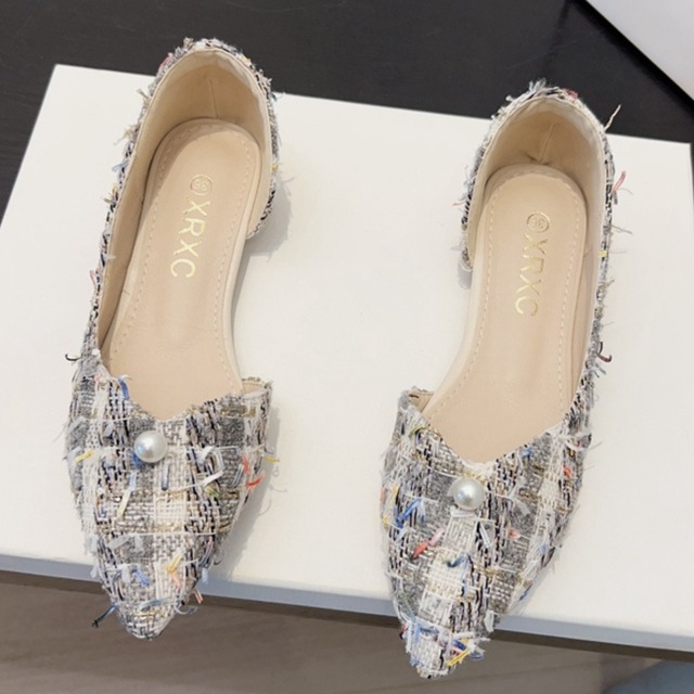 ツィード フリンジ フラットシューズ-ブラック