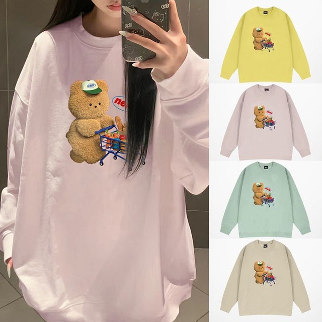 ユニセックス スウェット 長袖 買い物しているクマちゃん プリント 裏起毛 トレーナー オーバーサイズ 韓国ファッション メンズ レディース ストリート系ファッション TBN-863183817101