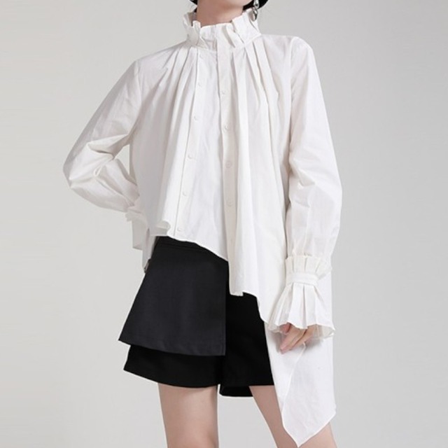 girly niche unique design asymmetry pleated white shirt 0940