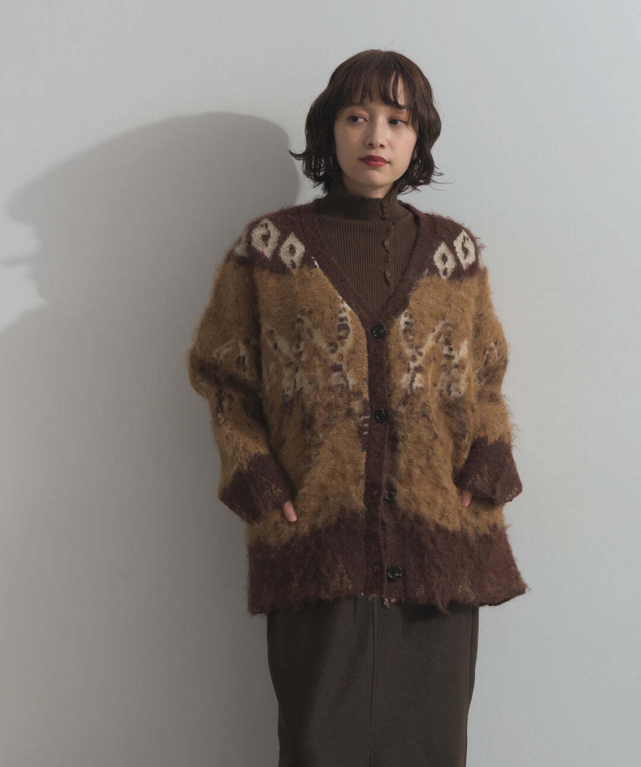 HD2510043 ノルディック柄シャギーニットカーディガン brown