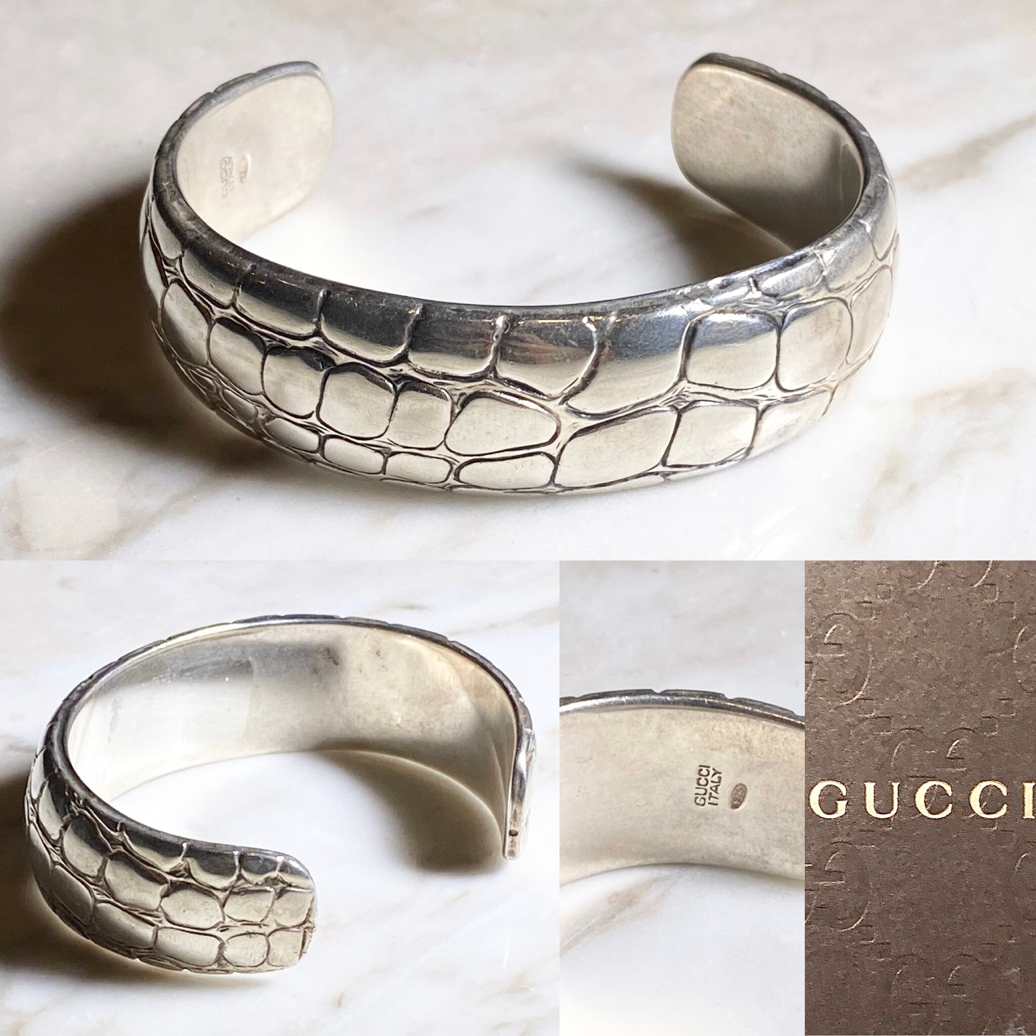 GUCCI silver crocodile engraved cuff bangle | NOIR ONLINE