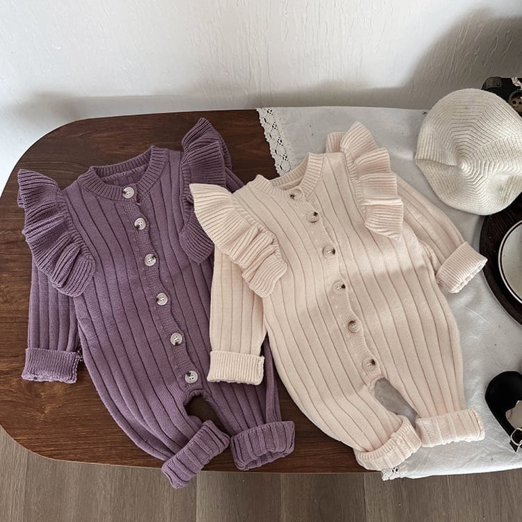 ,ベビー女の子肩フリル付き長袖ロンパース 前開きカバーオール アイボリー パープル かわいい秋冬ベビー服 お出かけ lwb0082