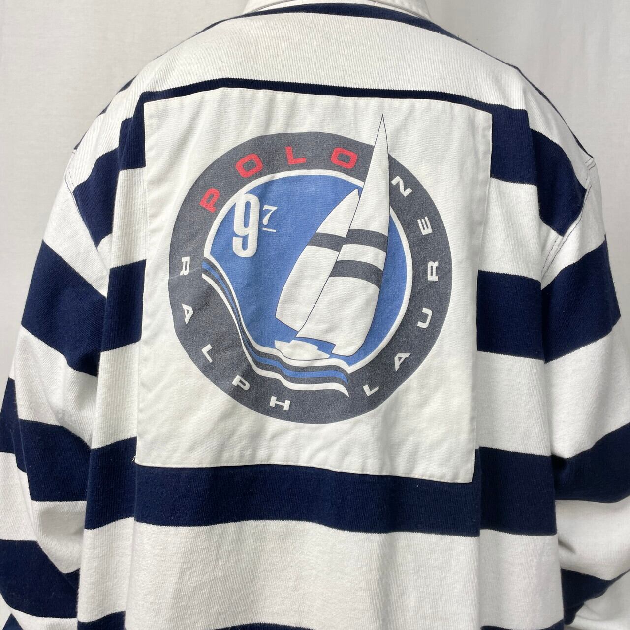 90s ポロ ラルフローレン エンブレム ポロシャツ ネイビー×ホワイト 古着 90年代 Polo Ralph Lauren ポロラルフローレン コットン×リネン