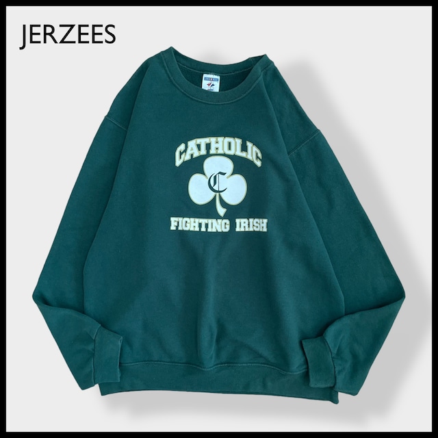 【JERZEES】スウェット 高校 CATHOLIC FIGHTING IRISH プリント アーチロゴ トレーナー プルオーバー グッドカラー 深緑 ディープグリーン M US古着