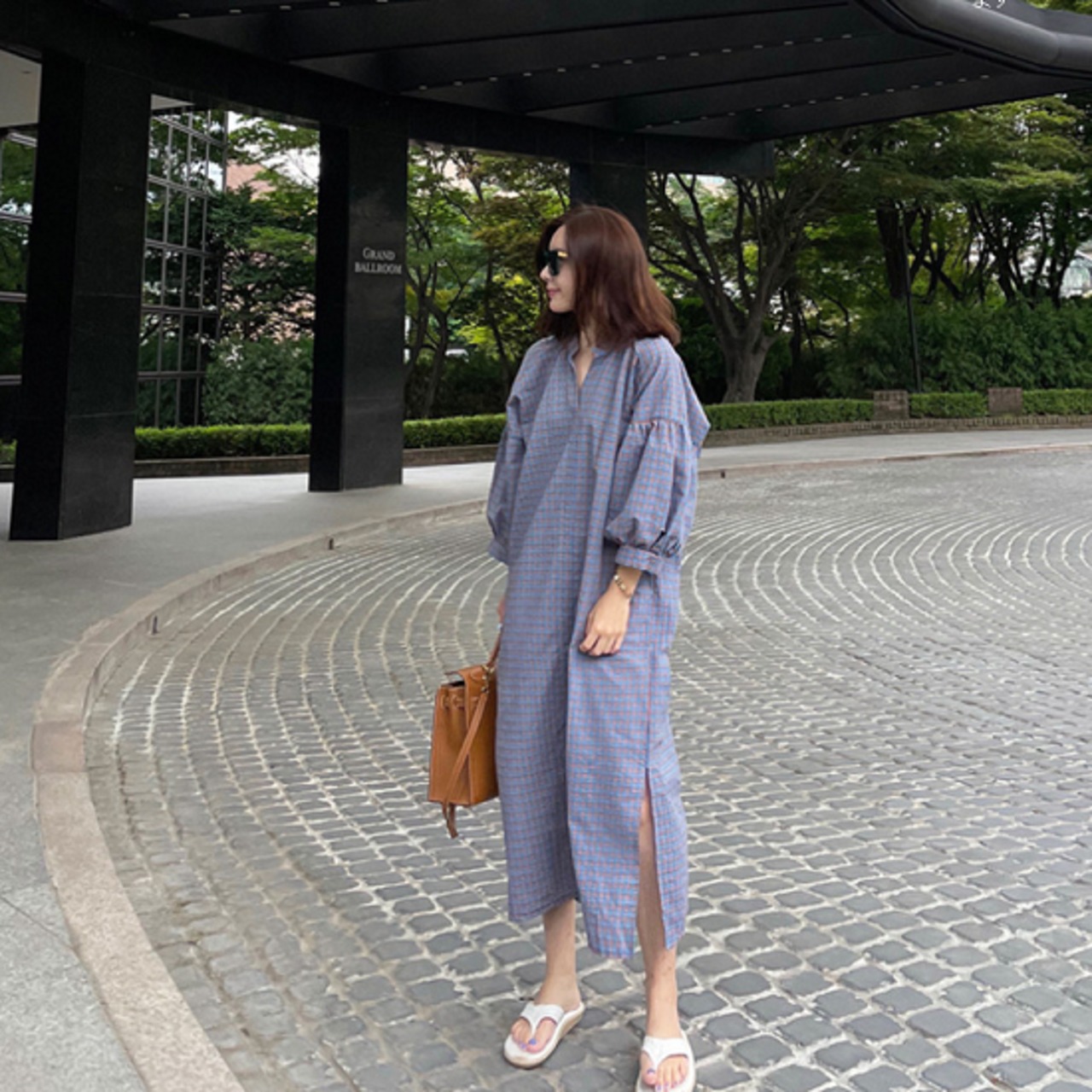 シャツワンピース 夏 ロング丈 チェック柄 ワンピース ゆったり 体型 