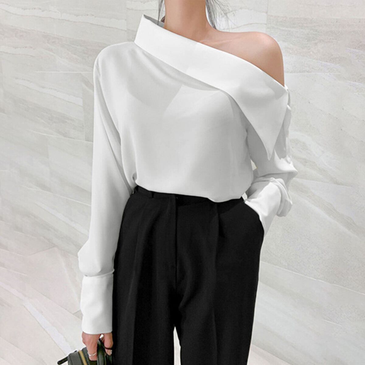 オフショルダー ブラウス レディース 長袖 肩出し 韓国 おしゃれ 大人 カジュアル ワンショルダー きれいめ シンプル トップス 大人可愛い 大人女子