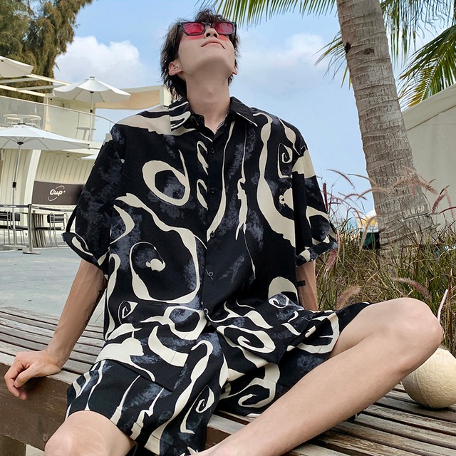 【LPZシリーズ】★セットアップ★ 2color シャツ+短パン 男女兼用 メンズ 大きいサイズ プリント おしゃれ